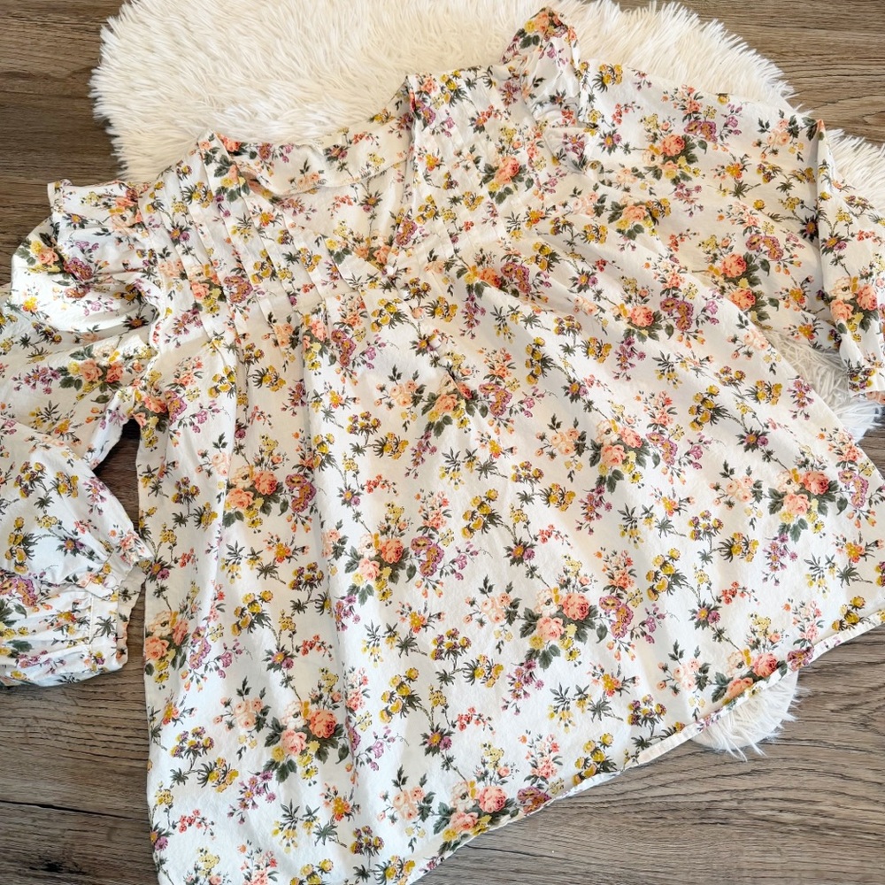 Entro Floral Ruffle Blouse Cream Prairie Top Large Cottagecore Romantic Soft - Picture 2 of 7